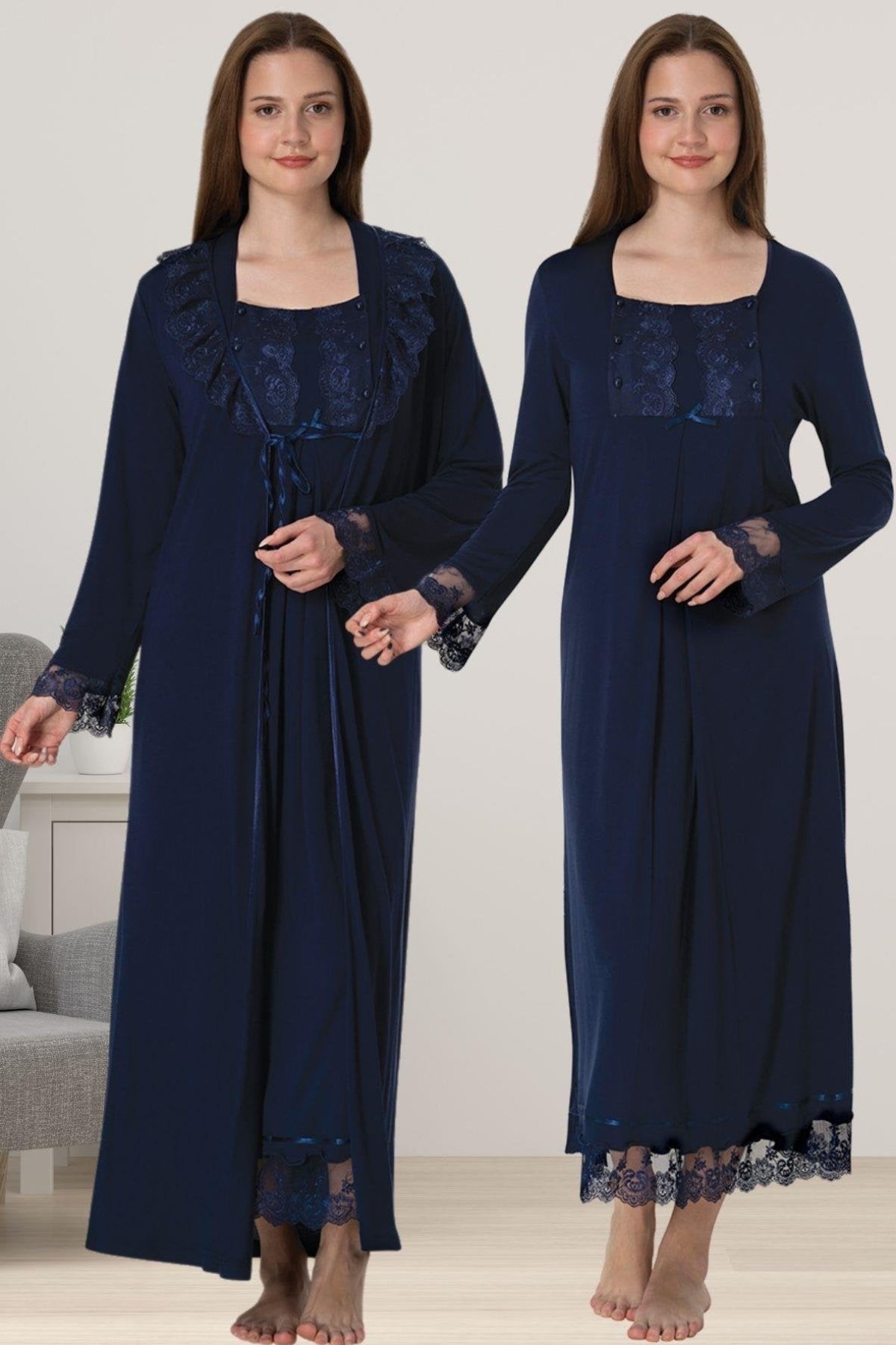Lace Sleeve Maternity-Nursing Nightgown & Robe Set Navy Blue - 3041