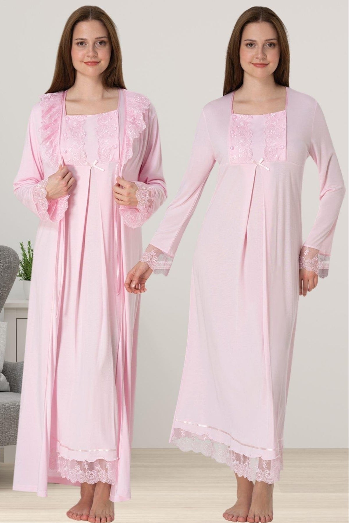 Lace Sleeve Maternity-Nursing Nightgown & Robe Set Pink - 3041