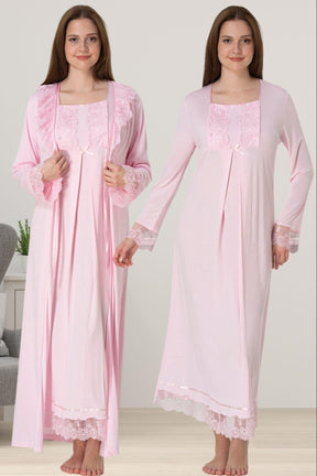 Lace Sleeve Maternity-Nursing Nightgown & Robe Set Pink - 3041