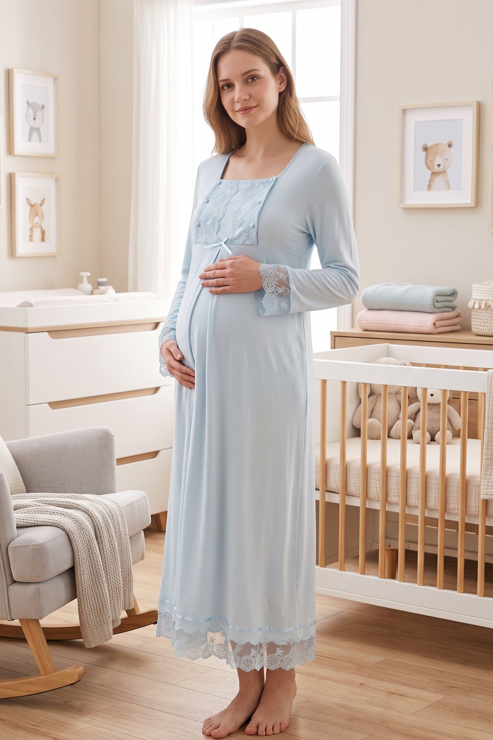 Lace Sleeve Maternity & Nursing Nightgown Blue - 3043