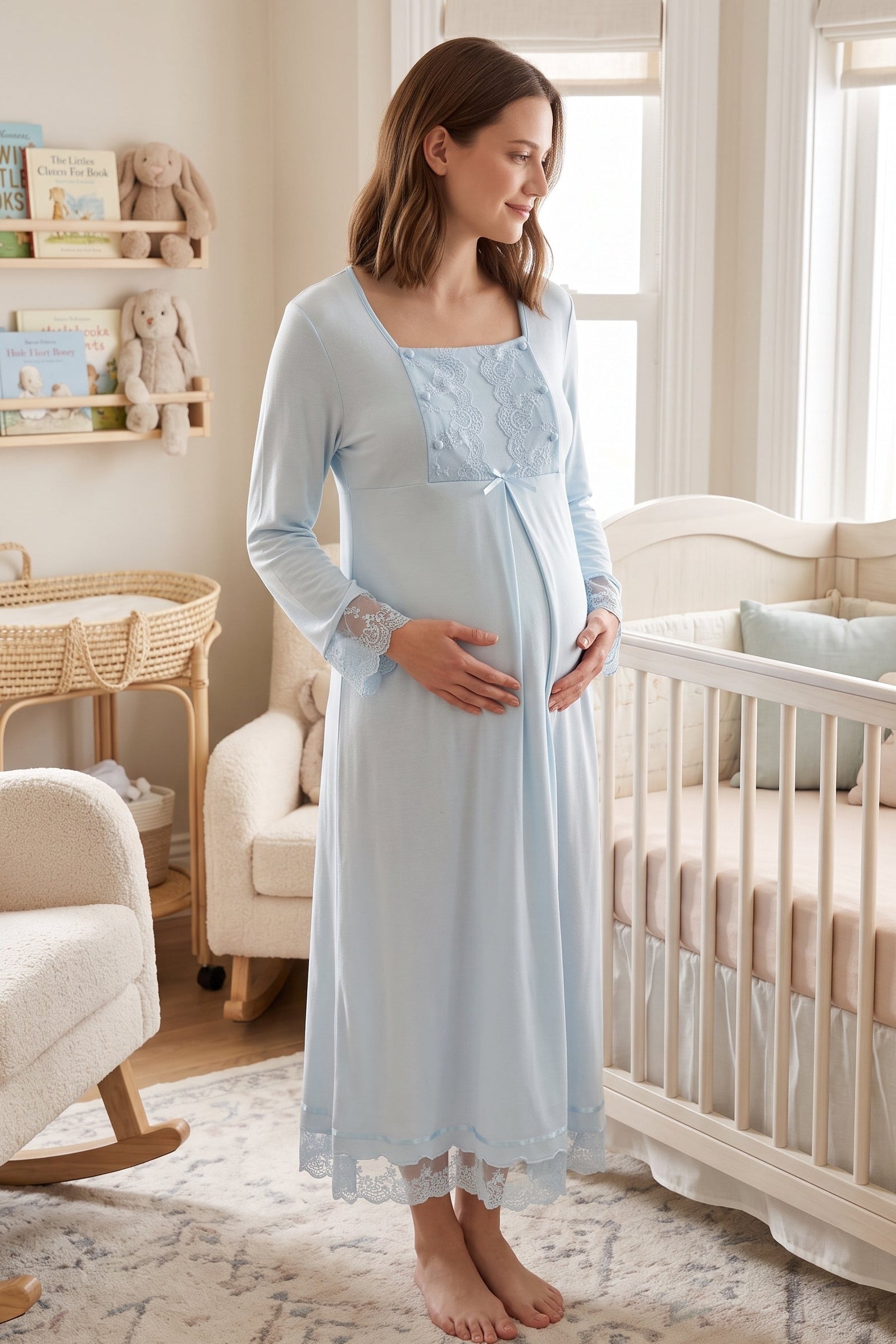 Lace Sleeve Maternity & Nursing Nightgown Blue - 3043