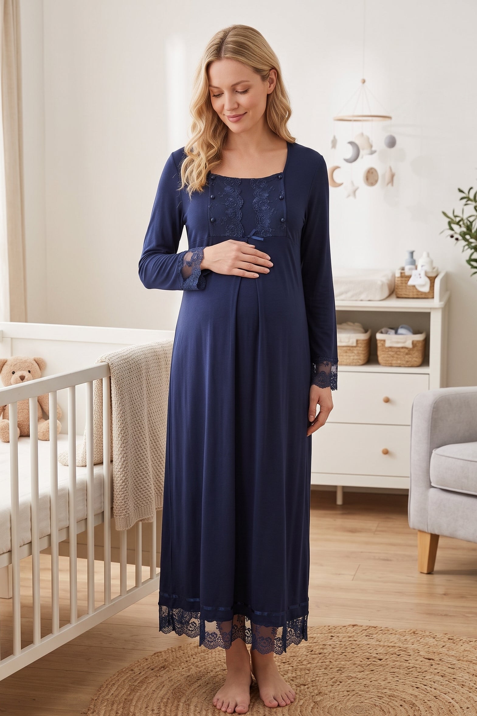 Lace Sleeve Maternity & Nursing Nightgown Navy Blue - 3043