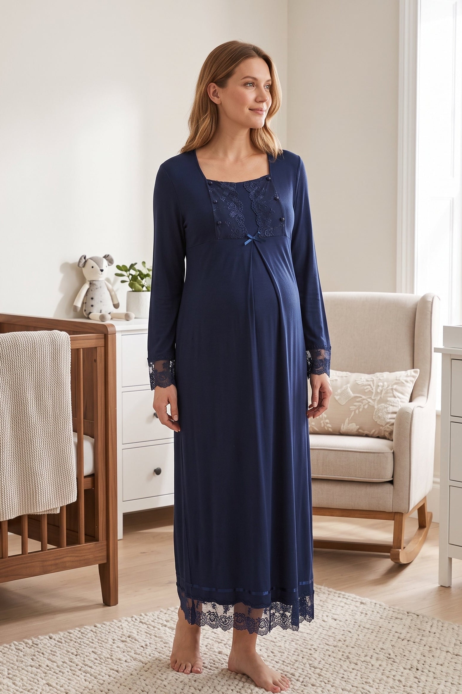 Lace Sleeve Maternity & Nursing Nightgown Navy Blue - 3043