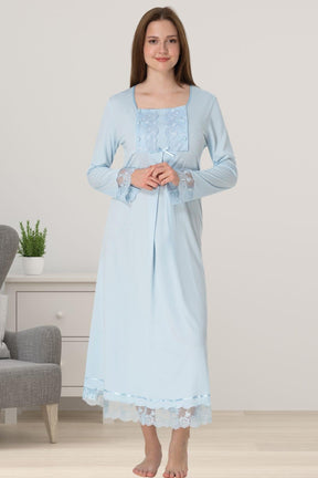 Lace Sleeve Maternity-Nursing Nightgown & Robe Set Blue - 3041
