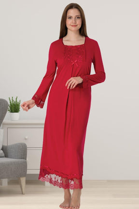 Lace Sleeve Maternity-Nursing Nightgown & Robe Set Cherry - 3041