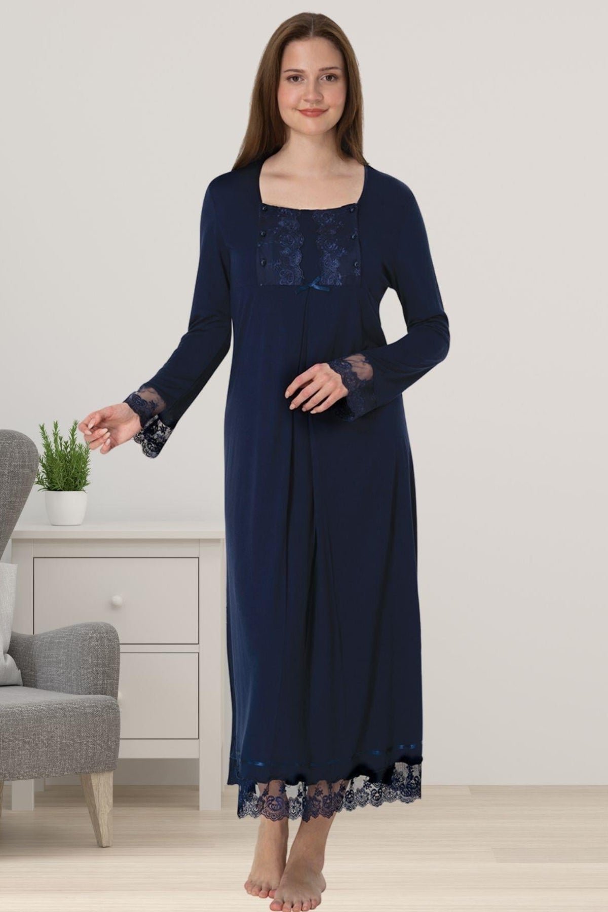 Lace Sleeve Maternity & Nursing Nightgown Navy Blue - 3043