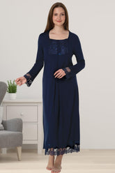 Lace Sleeve Maternity & Nursing Nightgown Navy Blue - 3043