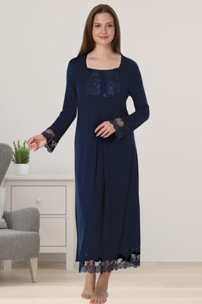 Lace Sleeve Maternity-Nursing Nightgown & Robe Set Navy Blue - 3041