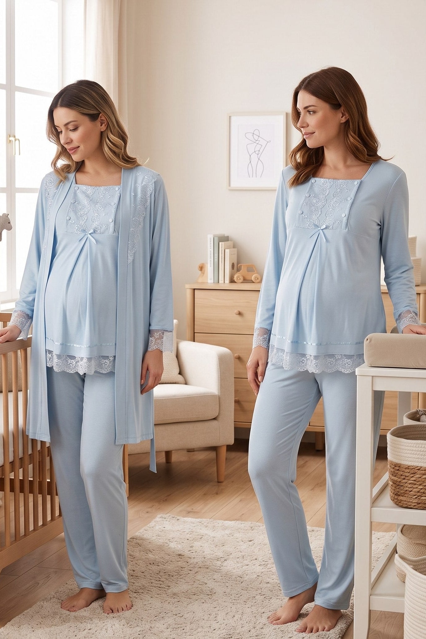 Lace Sleeve 3-Piece Maternity-Nursing Pajama & Robe Set Blue - 3044