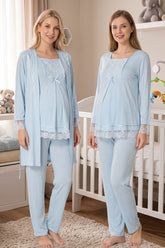 Lace Sleeve 3-Piece Maternity-Nursing Pajama & Robe Set Blue - 3044