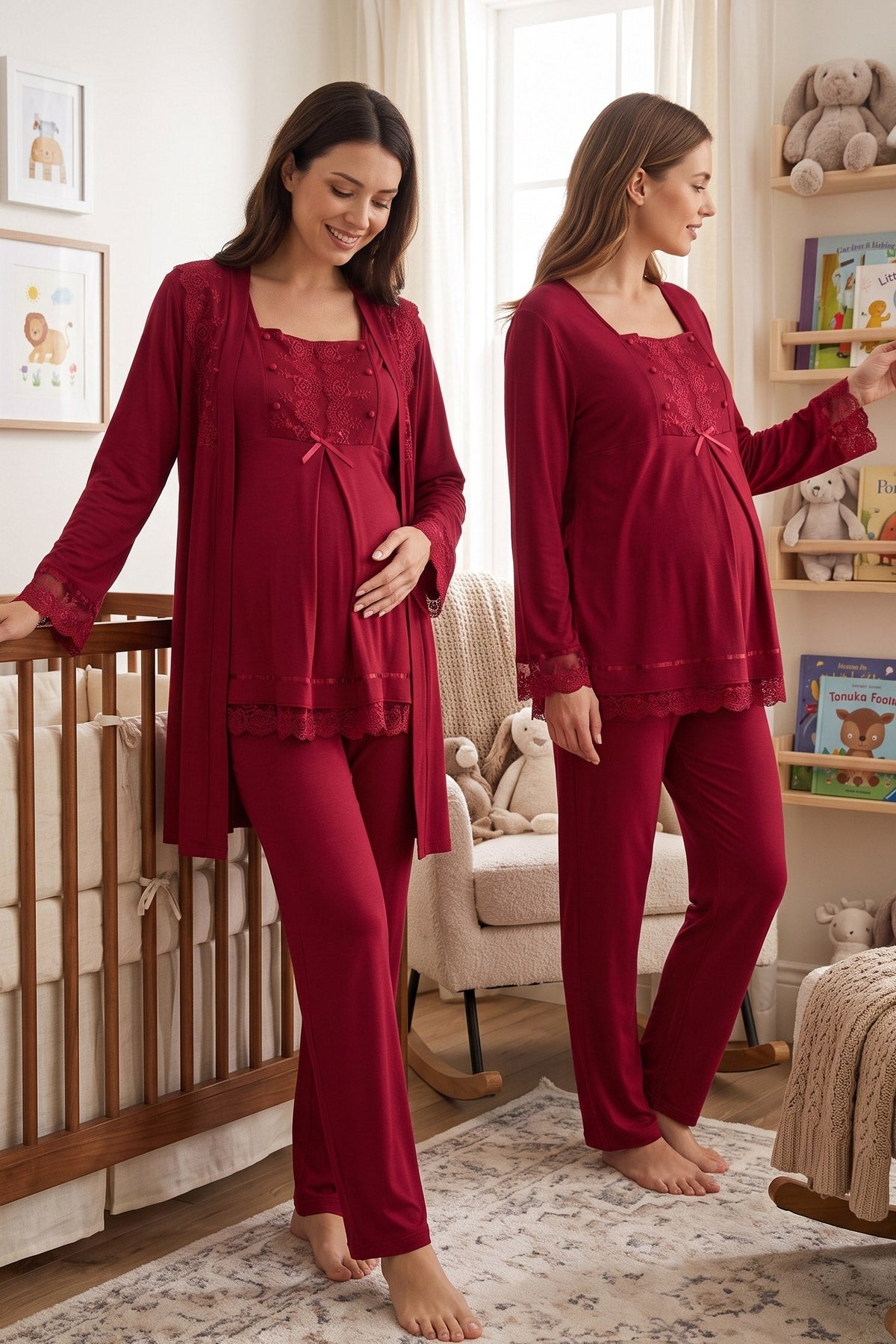 Lace Sleeve 3-Piece Maternity-Nursing Pajama & Robe Set Cherry - 3044