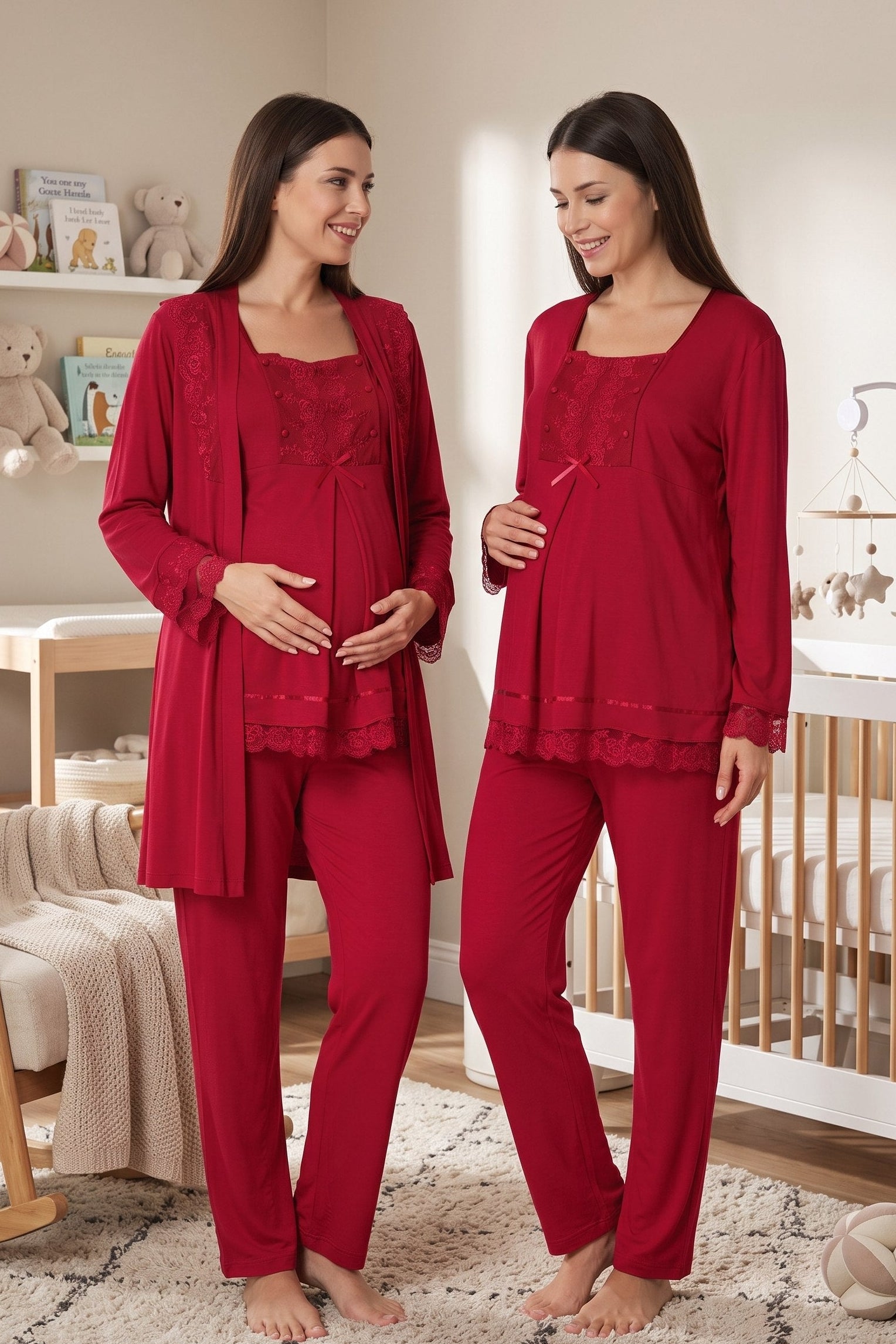 Lace Sleeve 3-Piece Maternity-Nursing Pajama & Robe Set Cherry - 3044