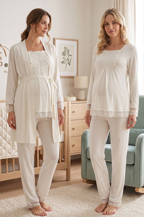 Lace Sleeve 3-Piece Maternity-Nursing Pajama & Robe Set Ecru - 3044
