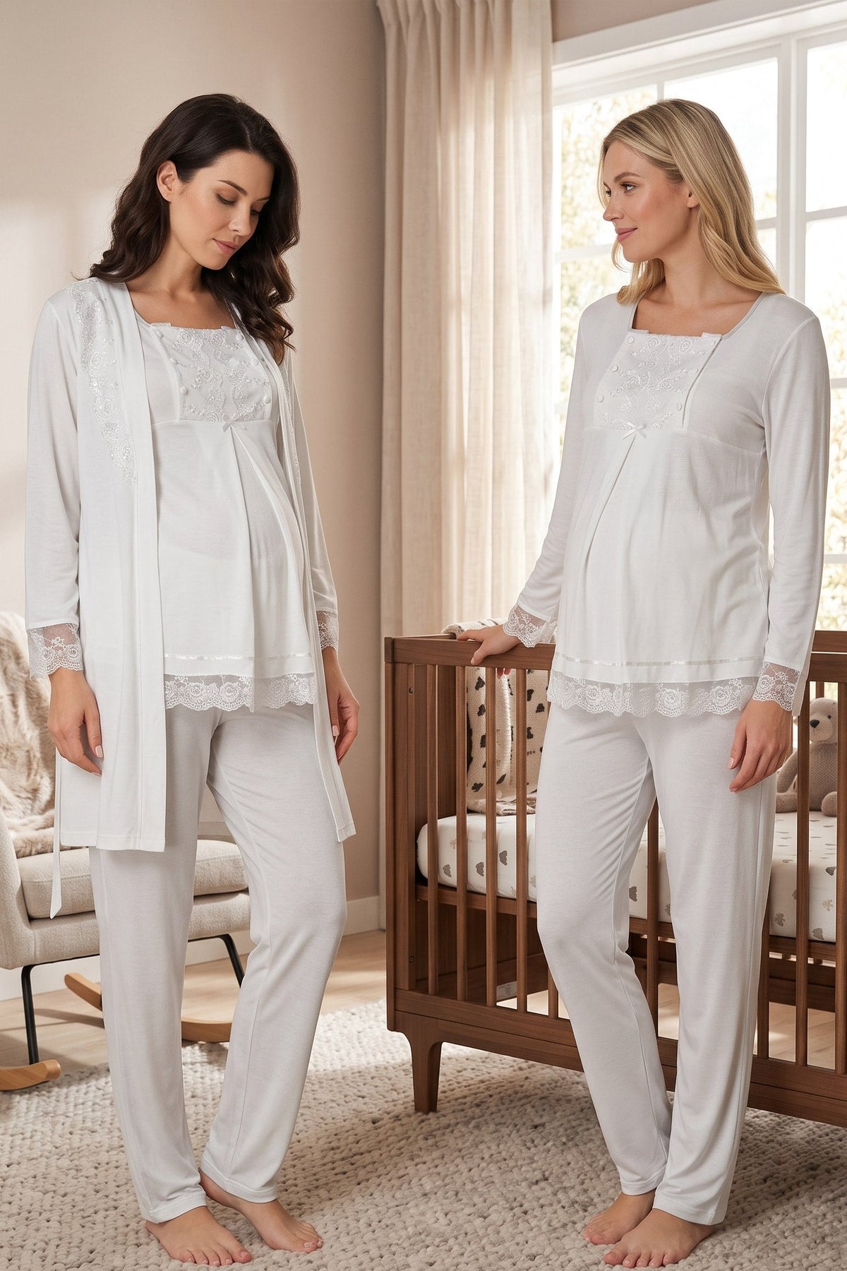 Lace Sleeve 3-Piece Maternity-Nursing Pajama & Robe Set Ecru - 3044