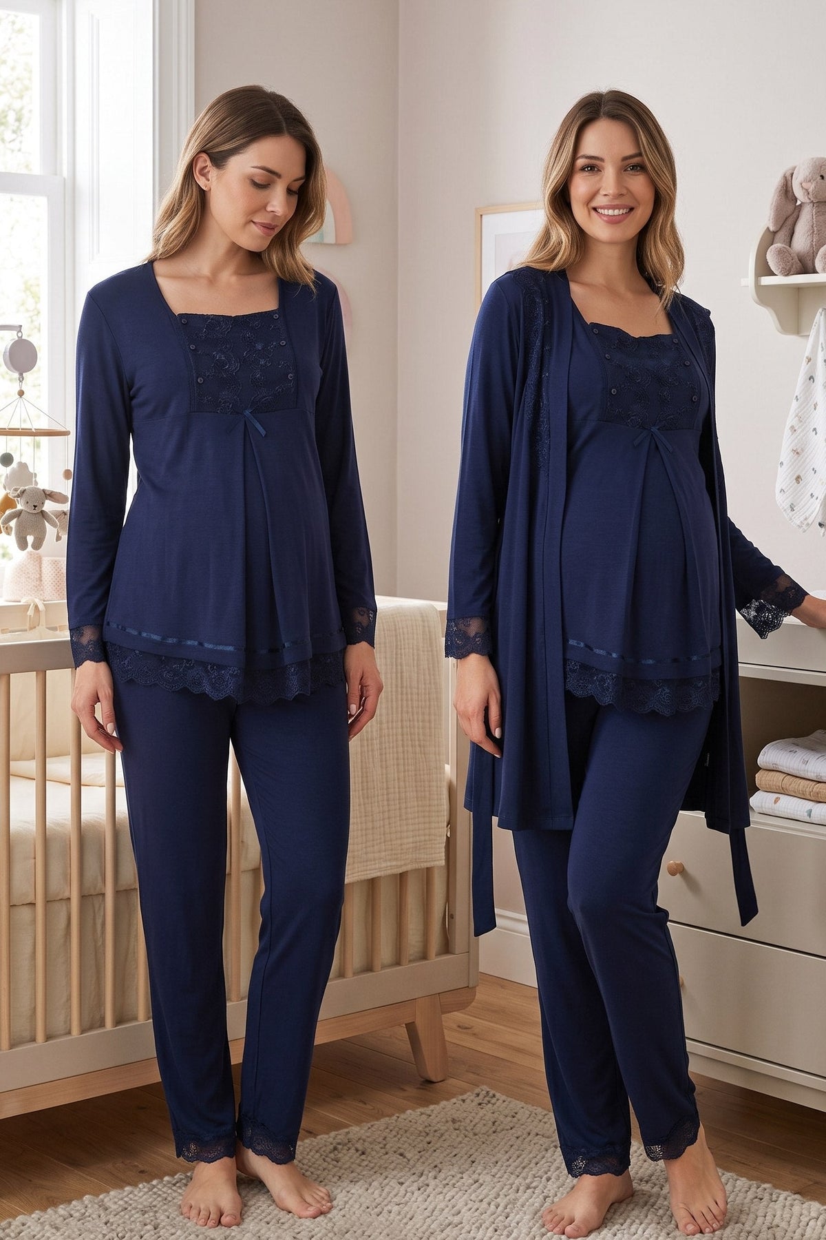 Lace Sleeve 3-Piece Maternity-Nursing Pajama & Robe Set Navy Blue - 3044