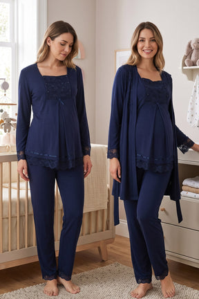 Lace Sleeve 3-Piece Maternity-Nursing Pajama & Robe Set Navy Blue - 3044