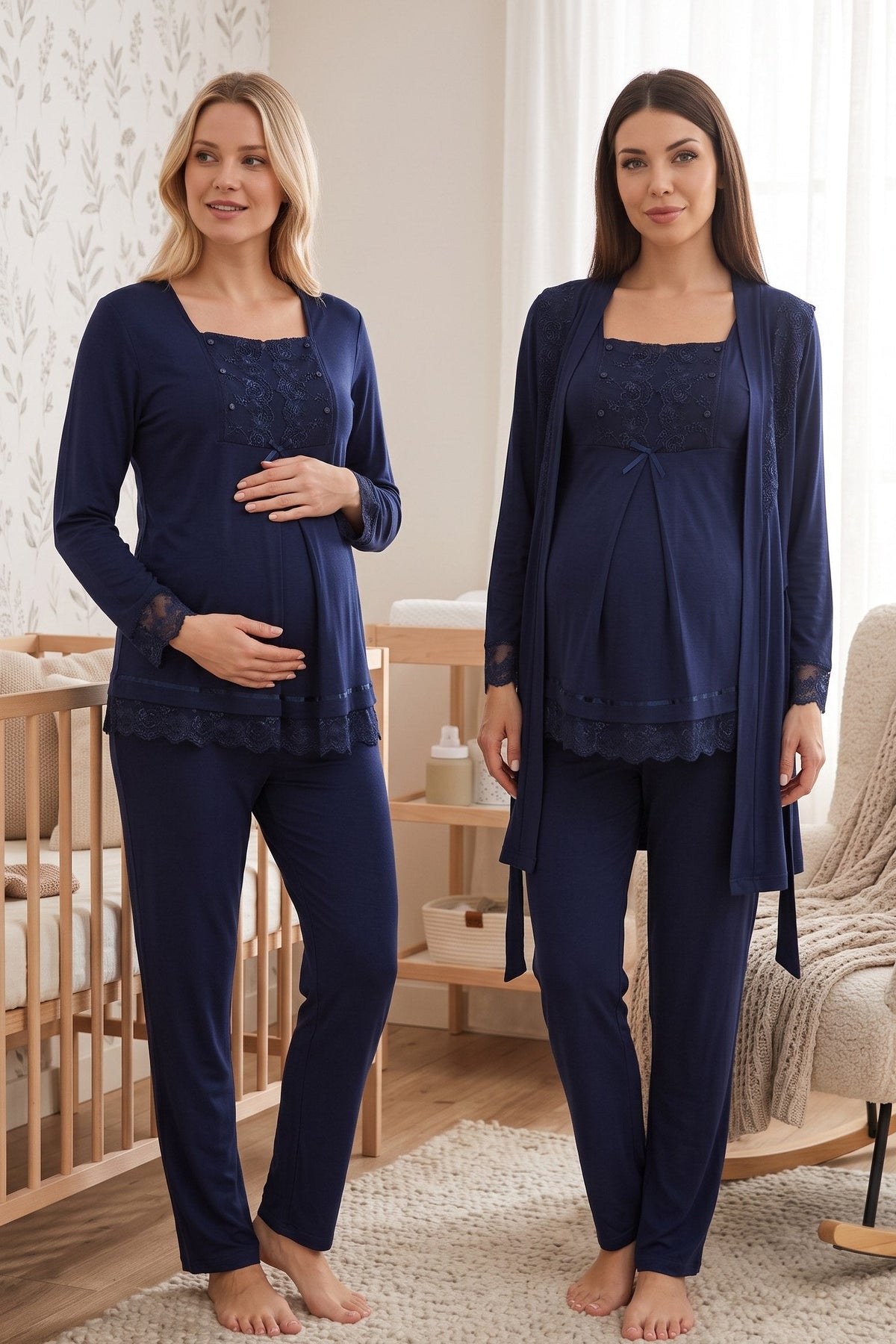 Lace Sleeve 3-Piece Maternity-Nursing Pajama & Robe Set Navy Blue - 3044