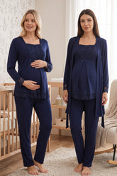 Lace Sleeve 3-Piece Maternity-Nursing Pajama & Robe Set Navy Blue - 3044
