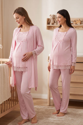 Lace Sleeve 3-Piece Maternity-Nursing Pajama & Robe Set Pink - 3044