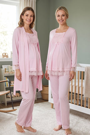 Lace Sleeve 3-Piece Maternity-Nursing Pajama & Robe Set Pink - 3044