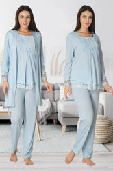 Lace Sleeve 3-Piece Maternity-Nursing Pajama & Robe Set Blue - 3044
