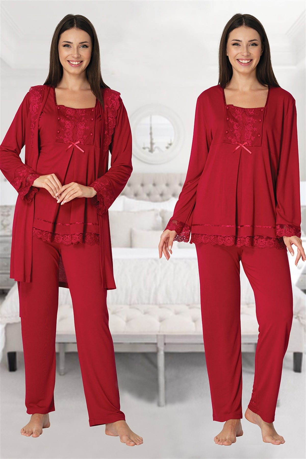 Lace Sleeve 3-Piece Maternity-Nursing Pajama & Robe Set Cherry - 3044