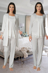 Lace Sleeve 3-Piece Maternity-Nursing Pajama & Robe Set Ecru - 3044