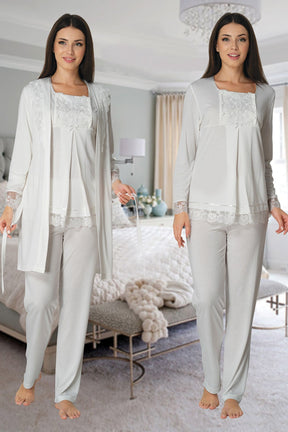 Lace Sleeve 3-Piece Maternity-Nursing Pajama & Robe Set Ecru - 3044