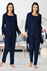 Lace Sleeve 3-Piece Maternity-Nursing Pajama & Robe Set Navy Blue - 3044