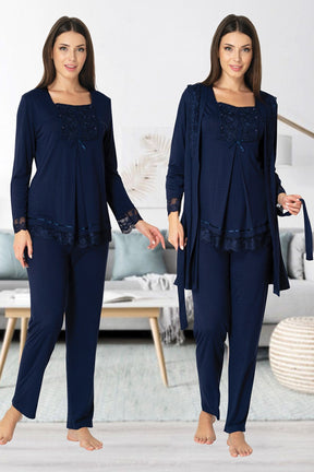 Lace Sleeve 3-Piece Maternity-Nursing Pajama & Robe Set Navy Blue - 3044