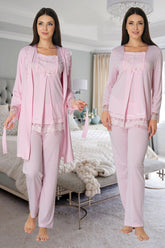 Lace Sleeve 3-Piece Maternity-Nursing Pajama & Robe Set Pink - 3044