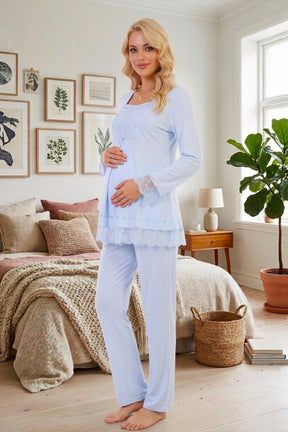 Lace Sleeve Maternity & Nursing Pajama Set Blue - 3045