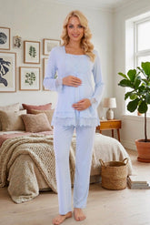 Lace Sleeve Maternity & Nursing Pajama Set Blue - 3045