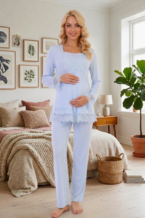 Lace Sleeve Maternity & Nursing Pajama Set Blue - 3045