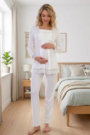 Lace Sleeve Maternity & Nursing Pajama Set Ecru - 3045