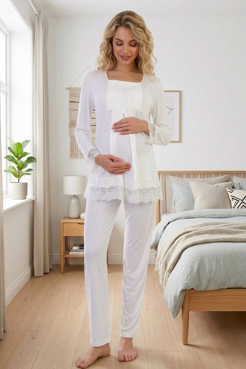 Lace Sleeve Maternity & Nursing Pajama Set Ecru - 3045
