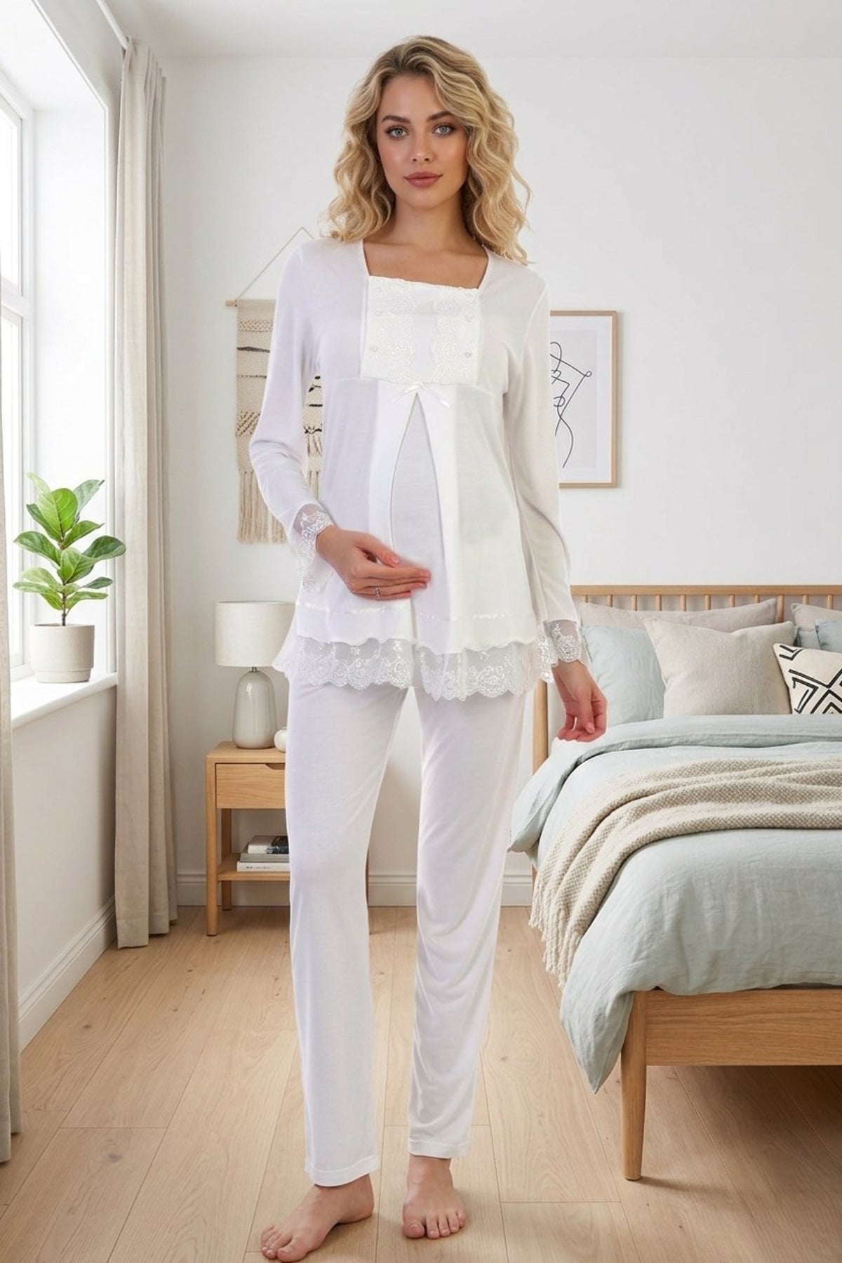 Lace Sleeve Maternity & Nursing Pajama Set Ecru - 3045
