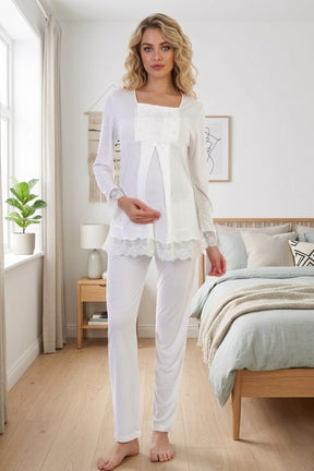 Lace Sleeve Maternity & Nursing Pajama Set Ecru - 3045