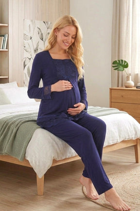 Lace Sleeve Maternity & Nursing Pajama Set Navy Blue - 3045