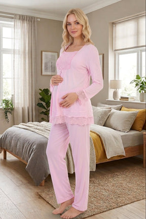 Lace Sleeve Maternity & Nursing Pajama Set Pink - 3045
