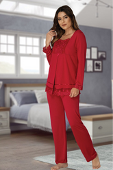 Lace Sleeve Maternity & Nursing Pajama Set Cherry - 3045