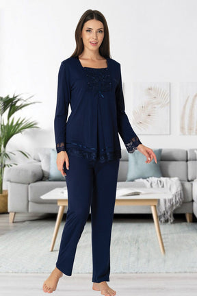 Lace Sleeve 3-Piece Maternity-Nursing Pajama & Robe Set Navy Blue - 3044