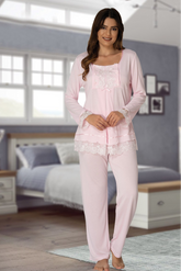 Lace Sleeve Maternity & Nursing Pajama Set Pink - 3045