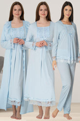 Lace Sleeve 4-Piece Maternity-Nursing Set Blue - 3046