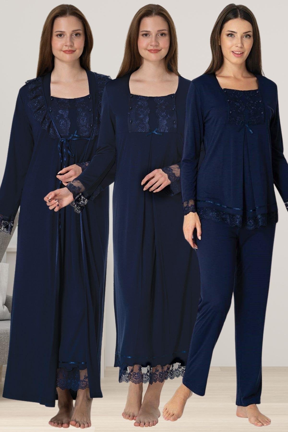 Lace Sleeve 4-Piece Maternity-Nursing Set Navy Blue - 3046