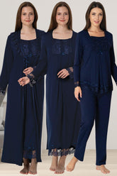 Lace Sleeve 4-Piece Maternity-Nursing Set Navy Blue - 3046