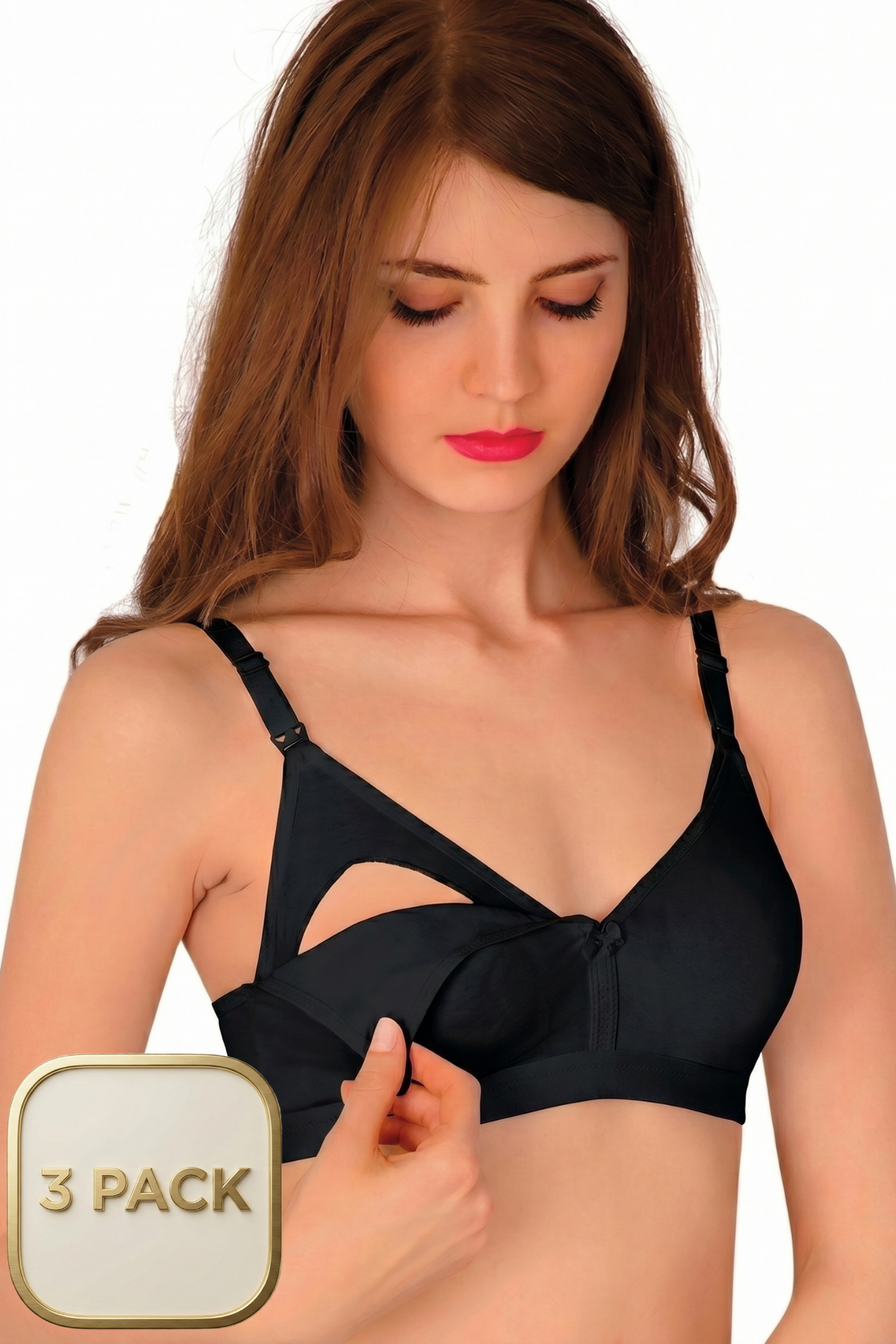 3-Pack Non-Underwired Cotton Nursing Bra Black - 305