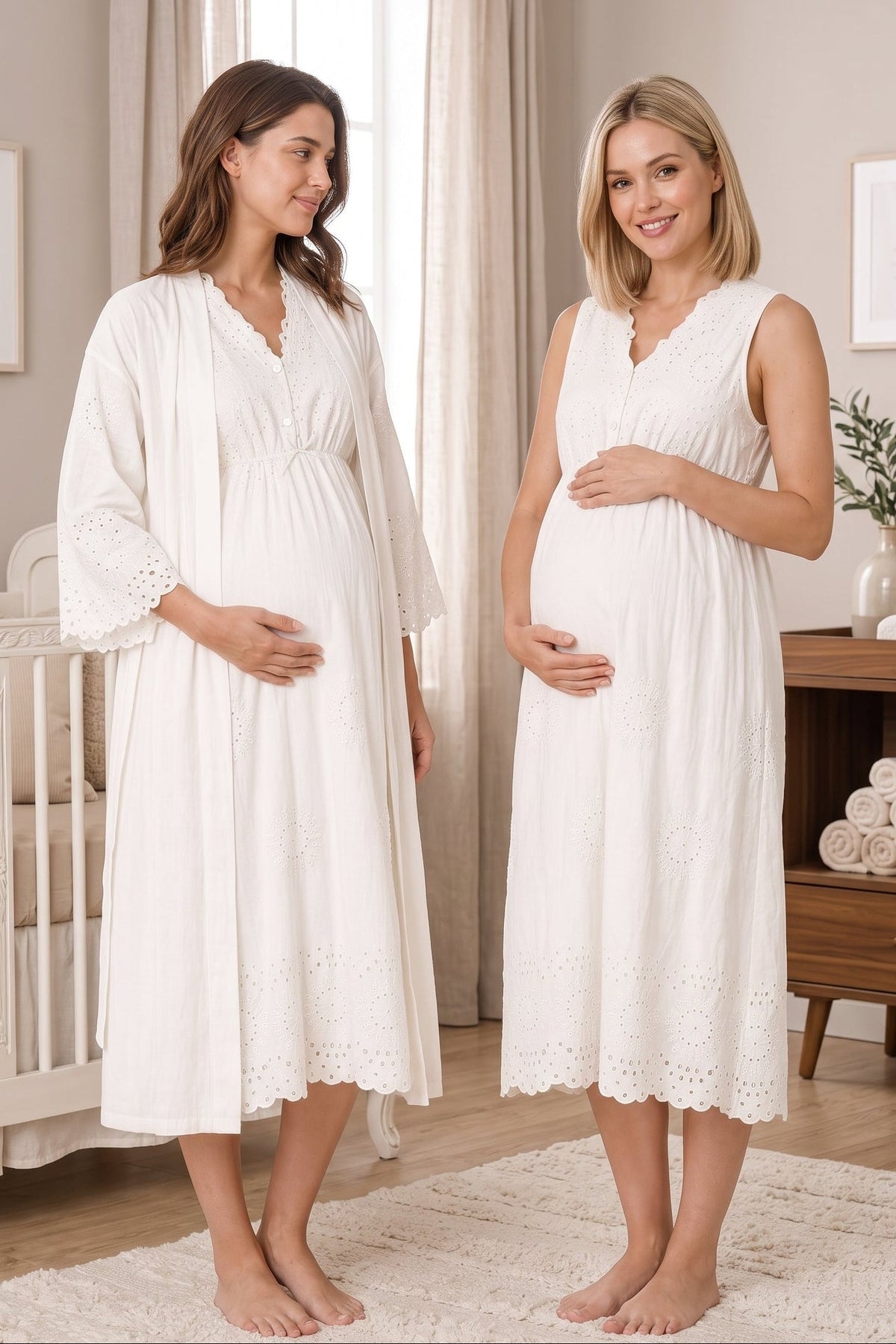 Broderie Anglaise Embroidery Maternity Feeding-Friendly Nightgown & Robe Set Ecru - T3050
