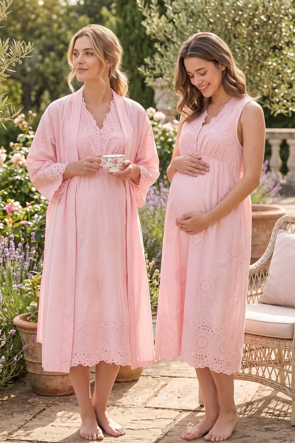 Broderie Anglaise Embroidery Maternity Feeding-Friendly Nightgown & Robe Set Powder - T3050