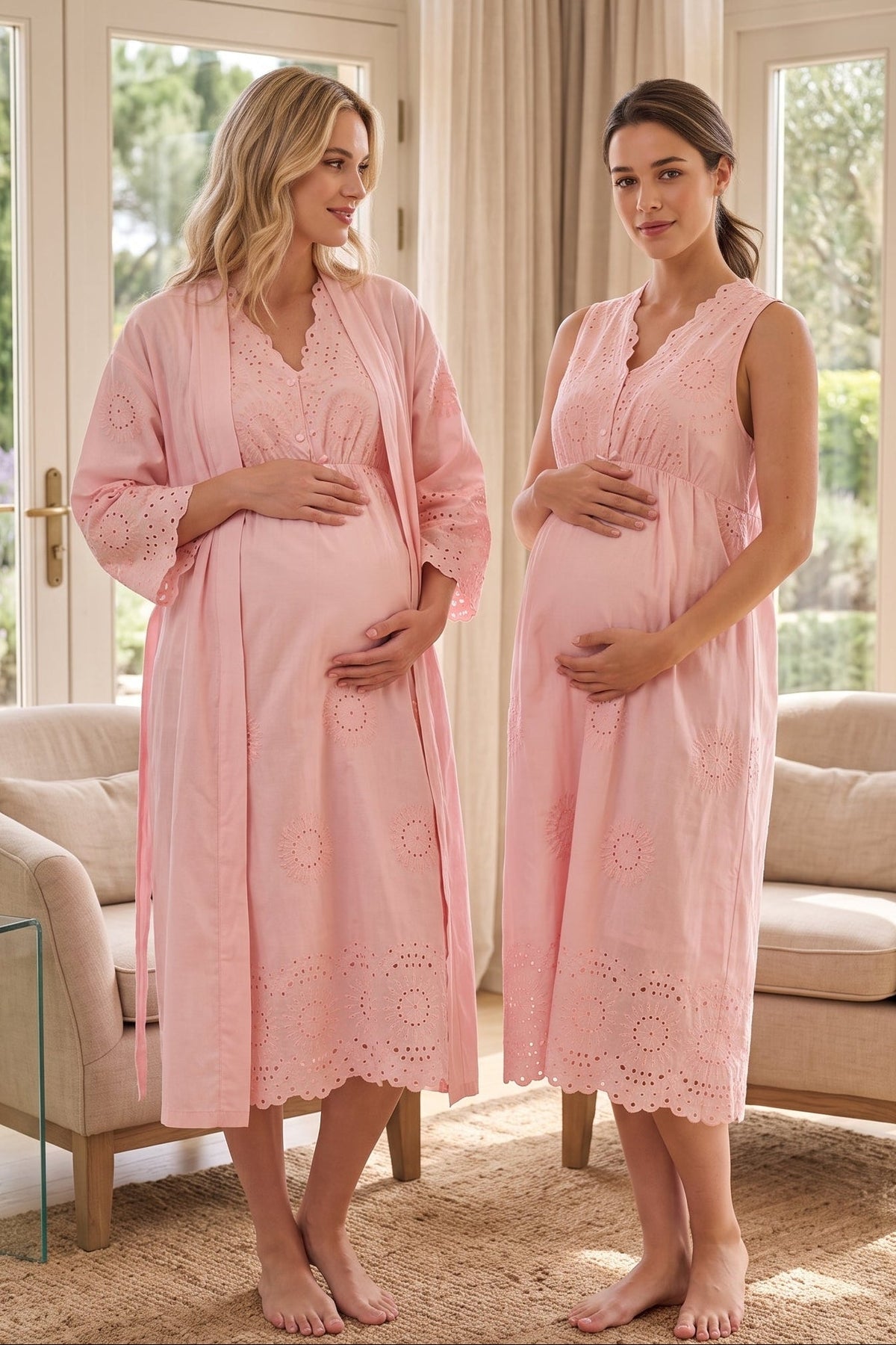 Broderie Anglaise Embroidery Maternity Feeding-Friendly Nightgown & Robe Set Powder - T3050